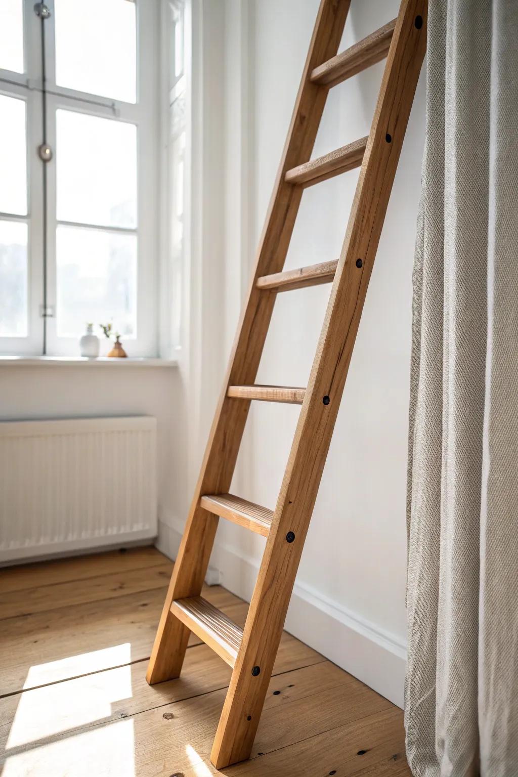 Handcrafted wood loft ladder—simple lines that keep a 12x32 tiny house open and airy.