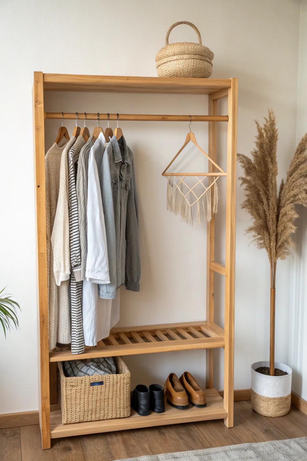 Classic 2x4 shelf + rod combo—simple, calming storage with clean lines and warm wood grain.