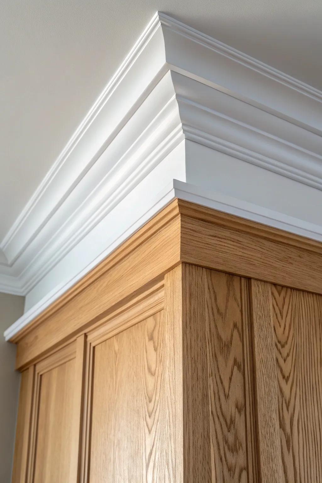 A classic frieze + crown + cap combo that looks custom—clean lines, warm wood, crisp contrast.