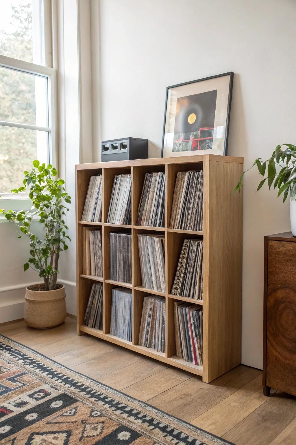 Light oak cube shelf grid: tidy LP storage with a little breathing room for plant + art.
