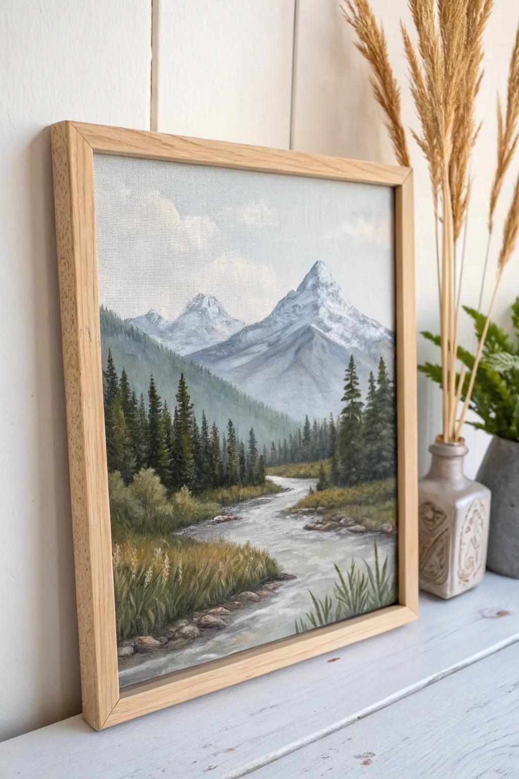 Bring the peaceful charm of a mountain retreat into your home with this minimalist 5x7 canvas painting.