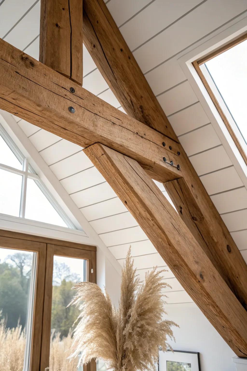 A chunky stained ridge beam instantly grounds an A-frame ceiling with timeless timber warmth.