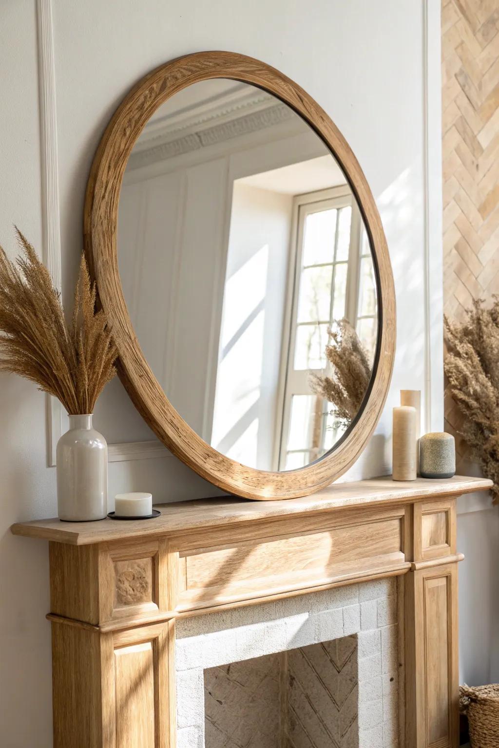 Go big with a wood-framed mirror above the fireplace to brighten the room and expand the space.