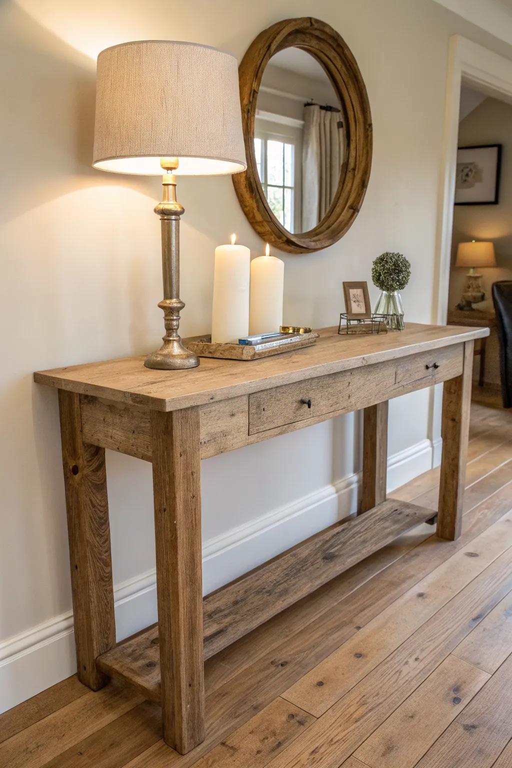 Reclaimed-wood console table styled with a tall lamp, candle tray, and round mirror—instant entryway charm.