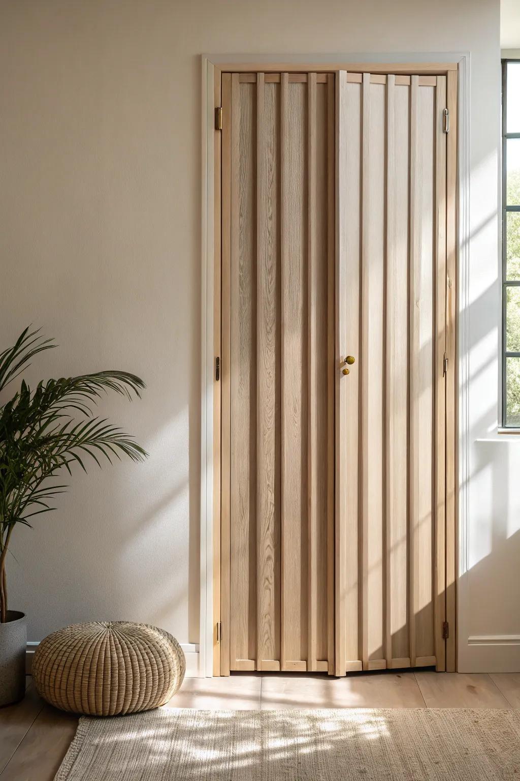 Clean warm greige paint turns accordion closet doors into a calm, custom-looking backdrop.