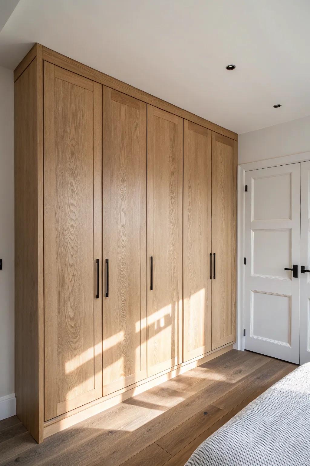 Floor-to-ceiling alcove wardrobe + top cabinet: custom look, hidden storage, calm bedroom.
