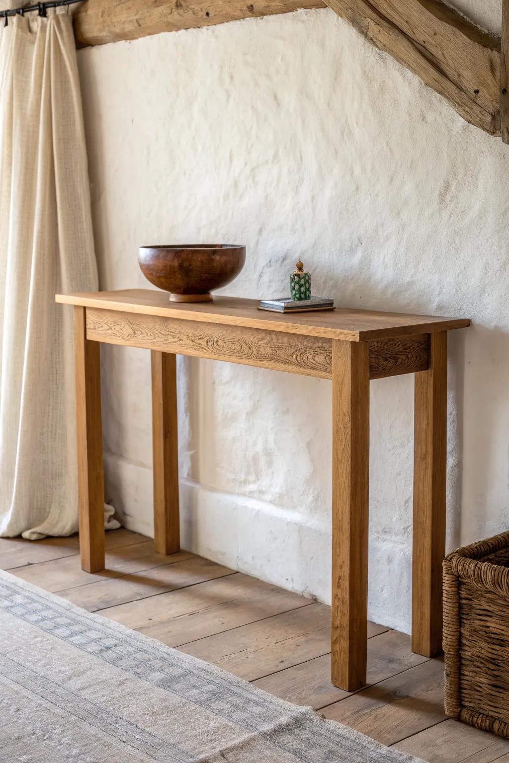 A simple rustic console altar table with a warm wood finish and one clean riser for focus.