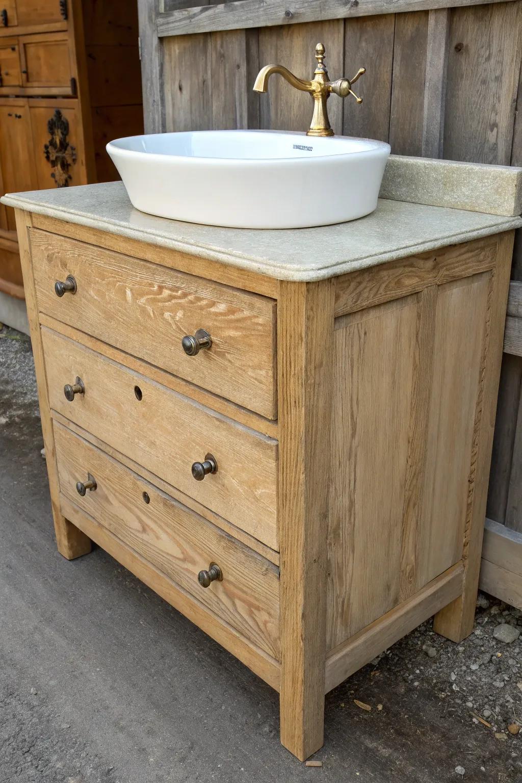 Vintage dresser vanity: real-furniture charm with smart sink cutout and usable drawer storage.