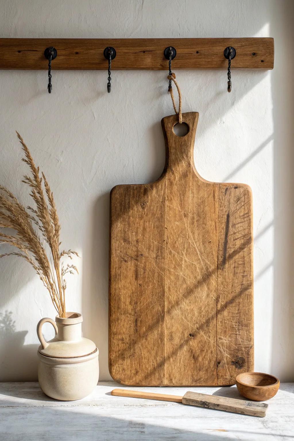 A single antique cutting board brings warm patina and farmhouse charm to a minimalist wall.