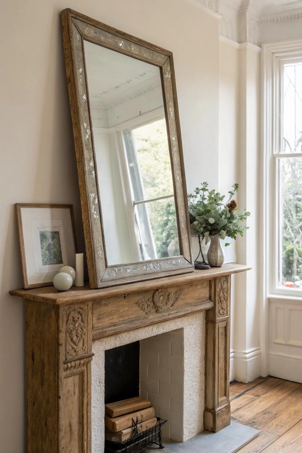Lean a big antique mirror on your mantel for height, patina, and that soft old-house glow.