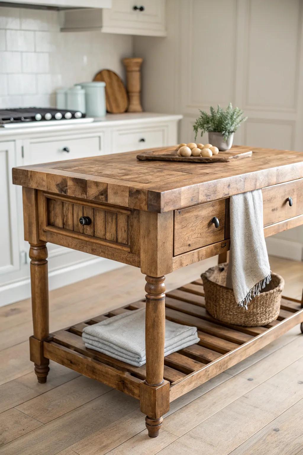 Classic antique butcher block island with rich patina—timeless, durable, and beautifully oiled.