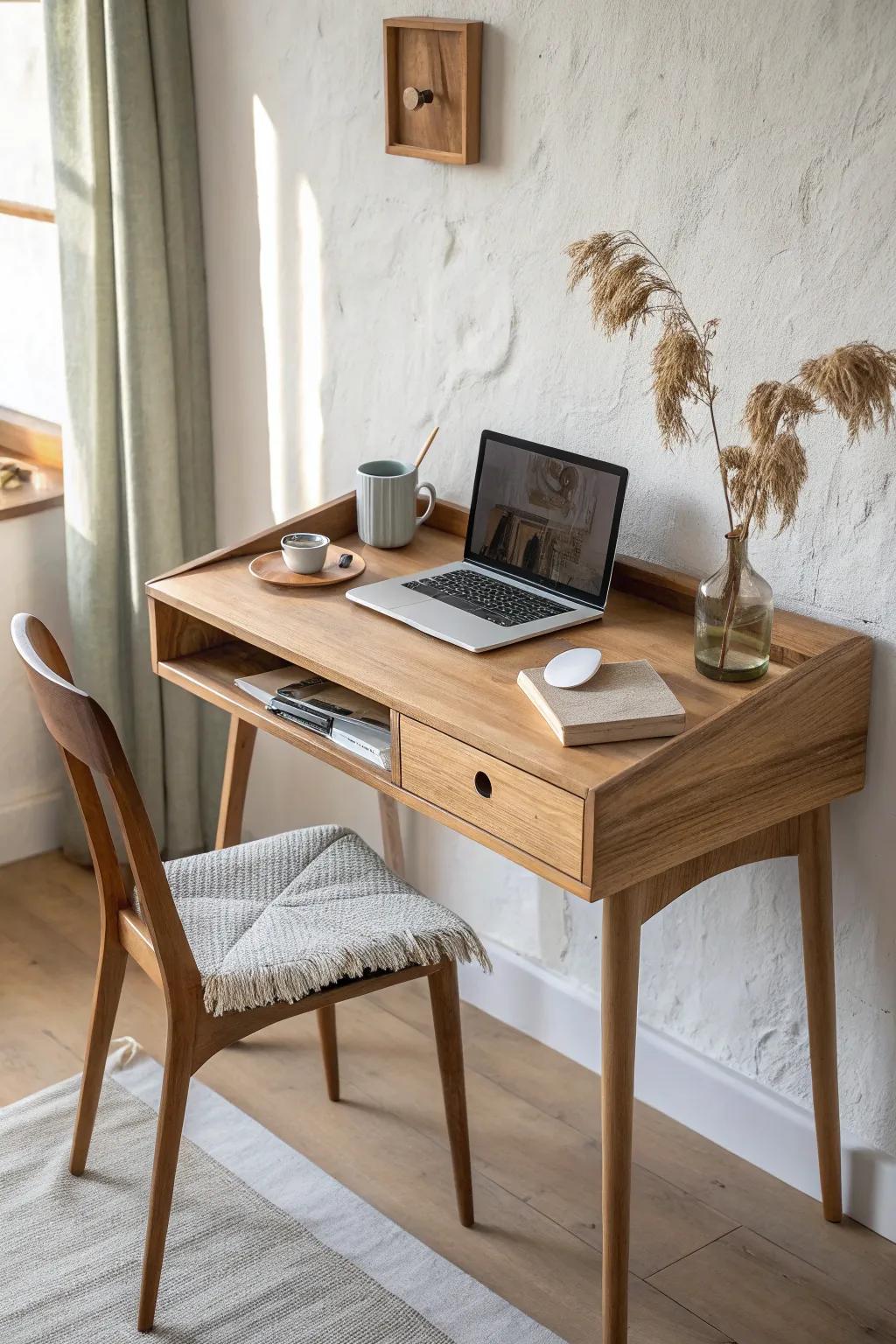 Slim wall desk in warm wood with a hidden drawer—small-apartment office that feels like decor.