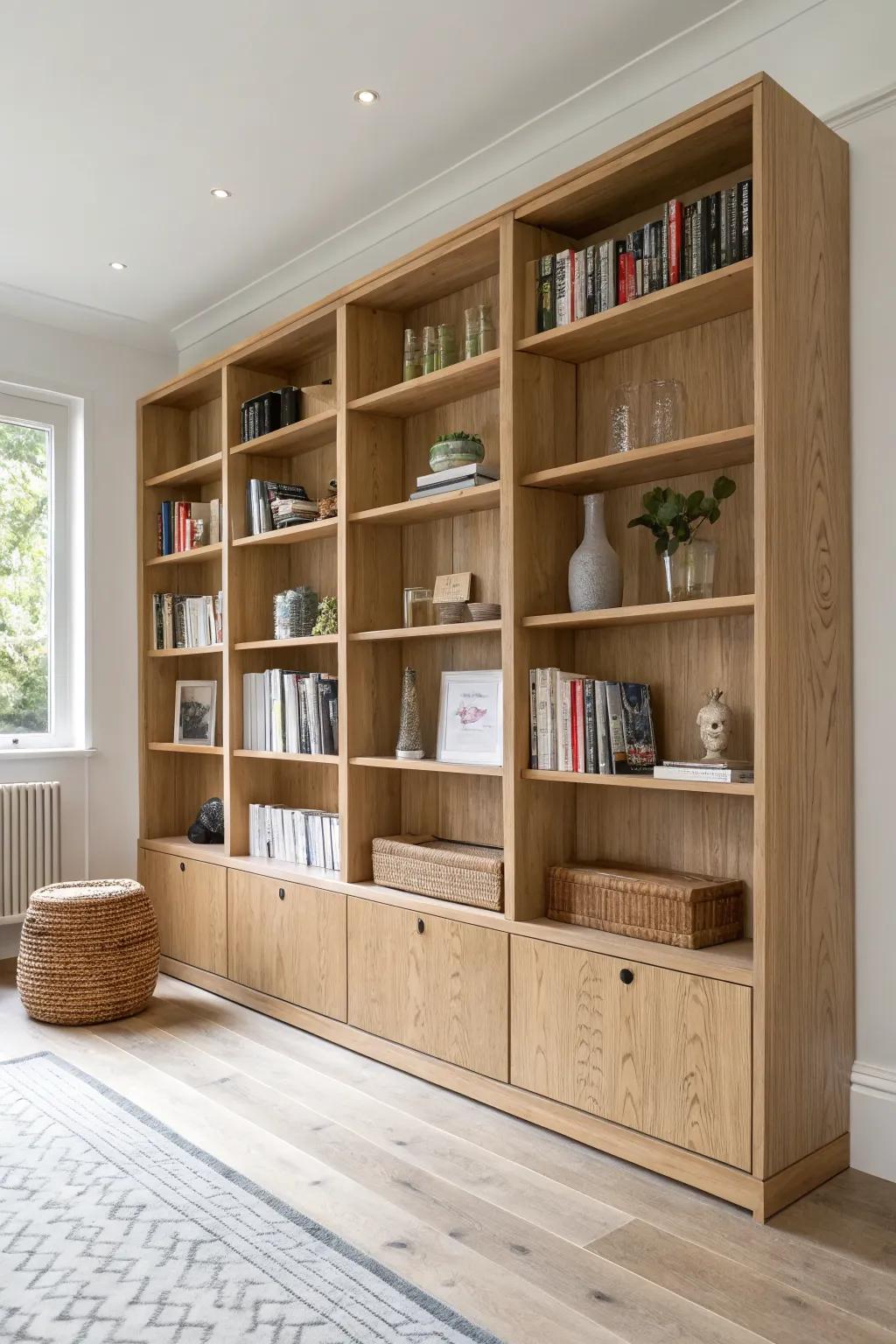 Floor-to-ceiling plywood shelves turn vertical space into an airy, expandable apartment library.