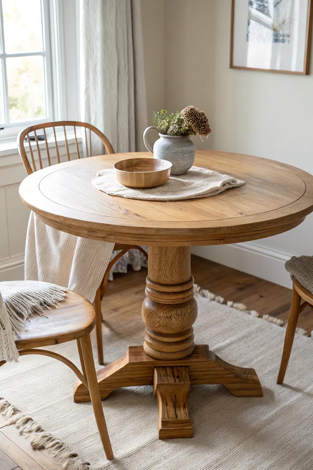 Round pedestal table in light oak—more walk-around space and easy chair movement in small rooms.