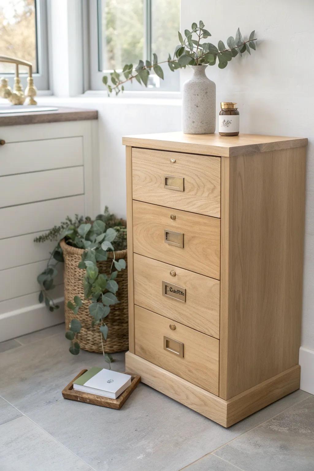 Apothecary drawer base cabinet: tidy small drawers with warm oak and brass for vintage order.