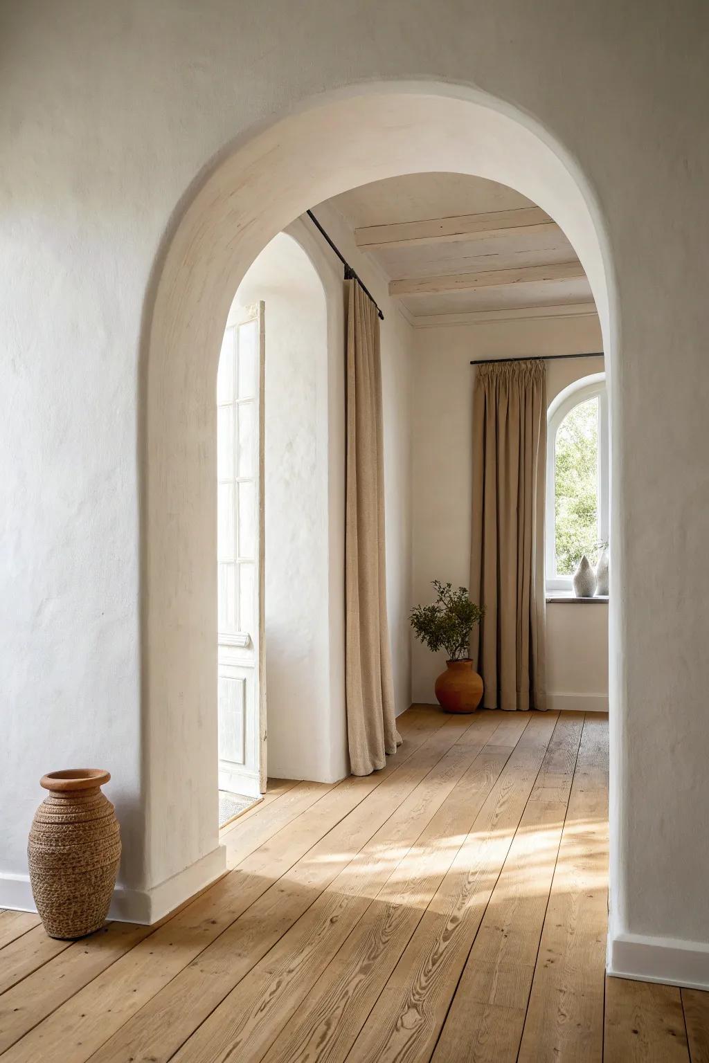 A clean plaster arch opening—soft curves, no casing, and warm wood tones for timeless calm.