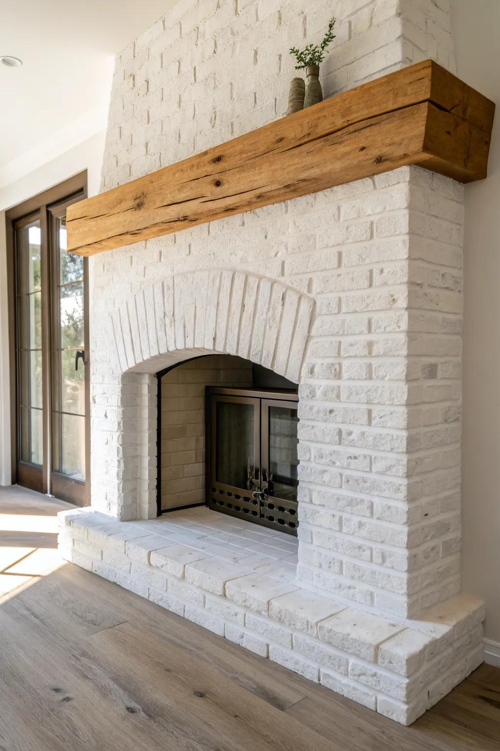 Whitewashed brick arch + reclaimed beam mantel—simple, cozy farmhouse warmth with timeless texture.