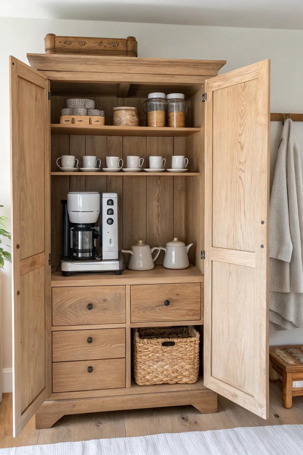 Classic hideaway armoire coffee bar—doors shut to hide clutter, open for a calm morning ritual.