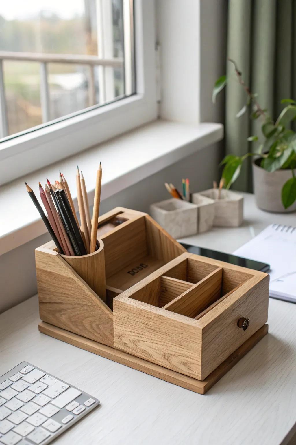 Zone your art desk by task with a handcrafted wooden caddy—tools left, paints right, space center.