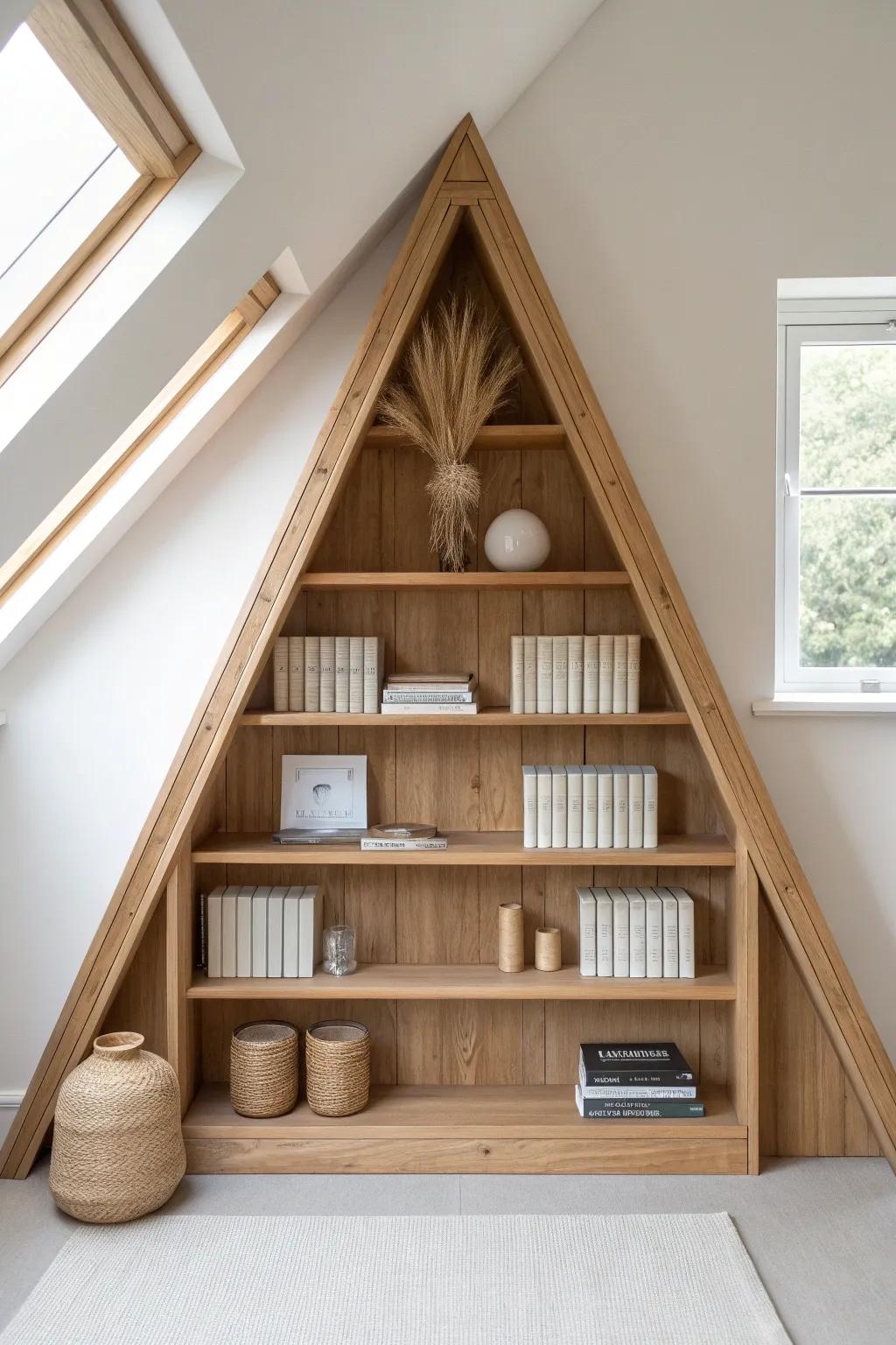 Custom-fit gable bookcase that turns every attic peak inch into calm, curated library space.