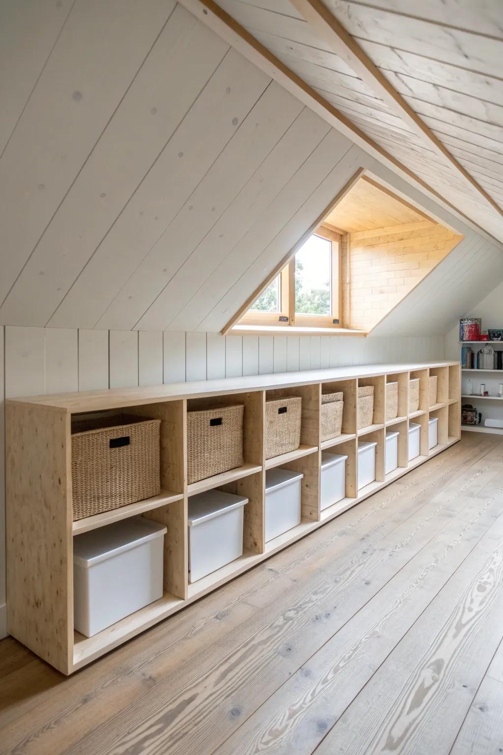 A low kneewall shelf run turns attic dead space into sleek, slide-in bin storage.