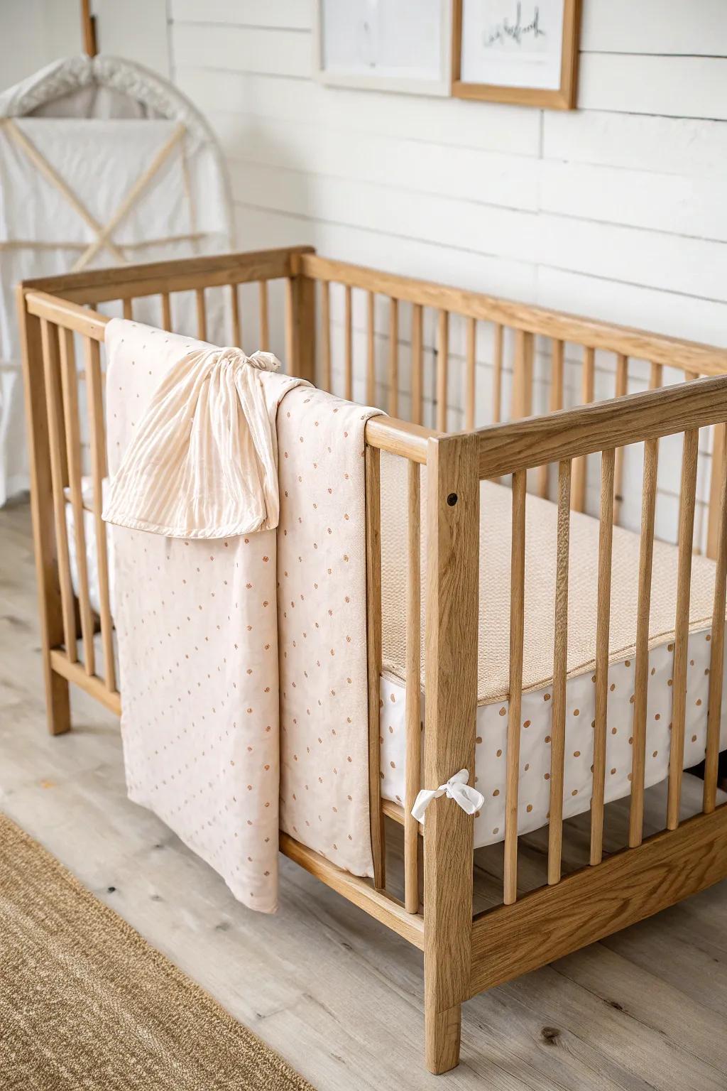 A crisp, soft-toned fitted sheet instantly sets a calm crib mood—simple, sweet, timeless.
