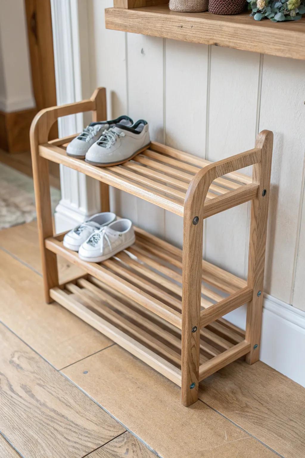 Simple two-tier slatted rack keeps tiny shoes airy, tidy, and always paired by the door.