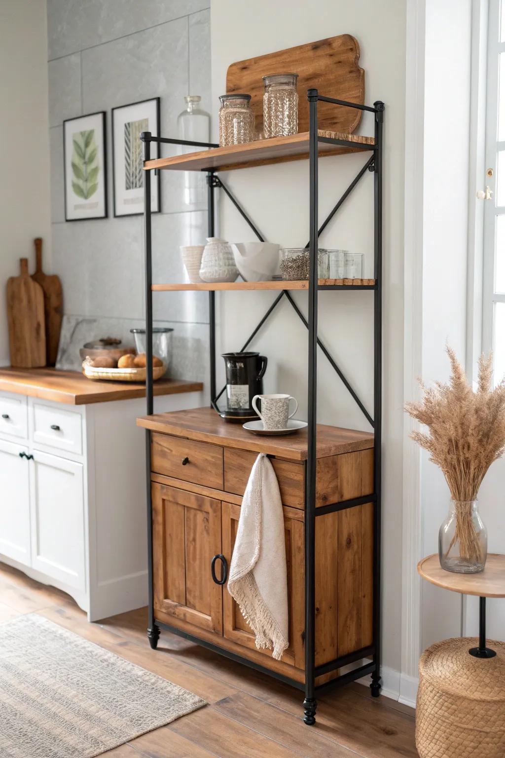 Classic farmhouse baker’s rack coffee bar with warm wood shelves and clean, cozy styling.