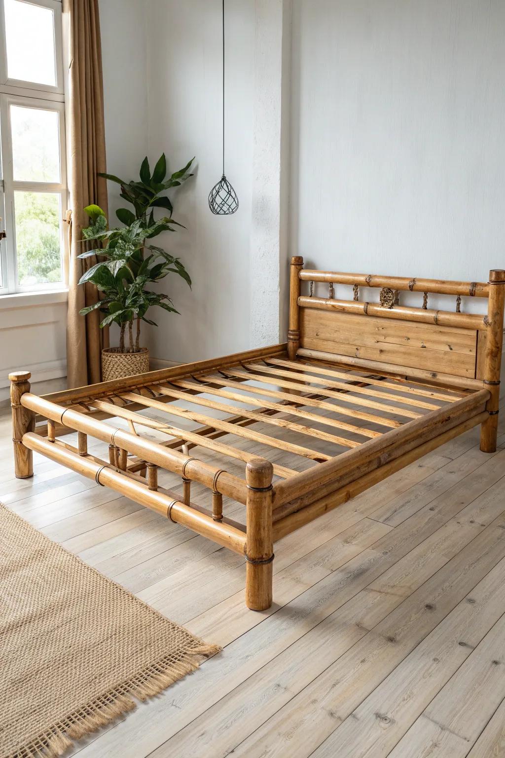 An airy bamboo bed frame with matte finish and gorgeous natural nodes—simple, calm, crafted.