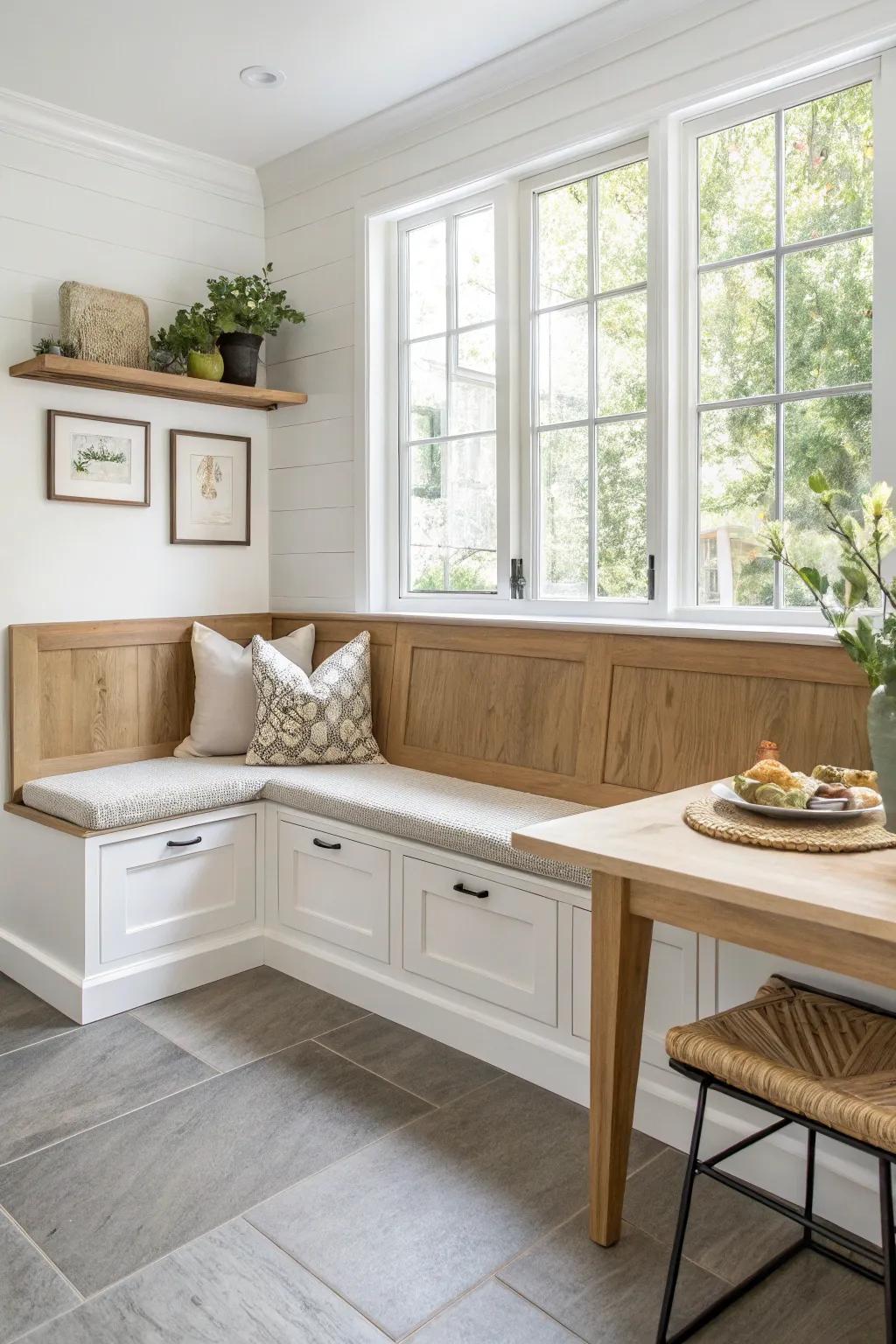 A classic L-shaped banquette that turns an unused corner into a cozy, handcrafted seating nook.