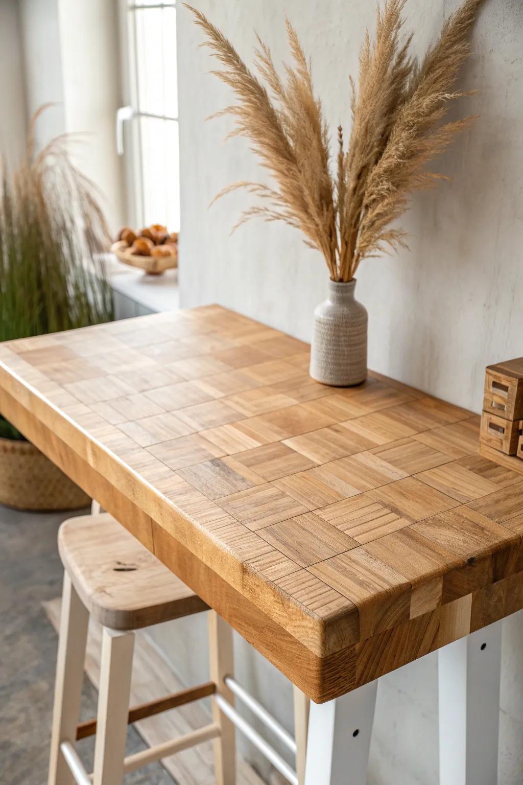 Classic butcher block warmth—sealed, durable, and made for cozy bar-night gatherings.