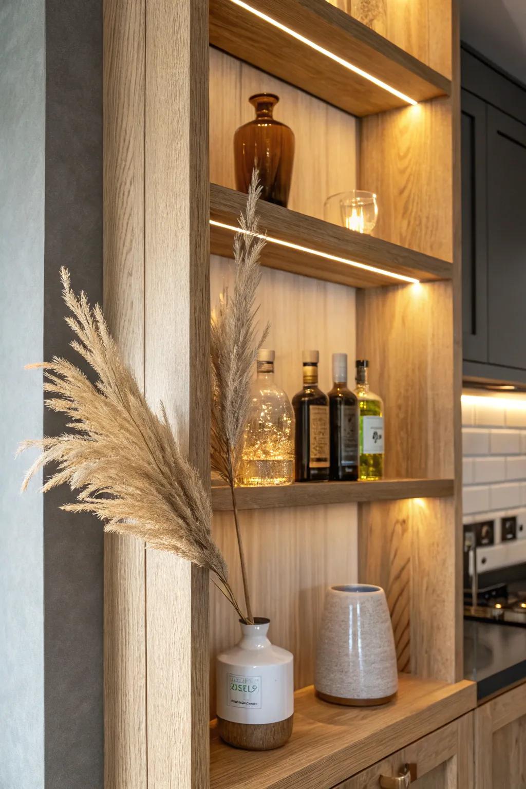 Built-in oak bar with warm backlit shelves—minimal, cozy lounge vibes with artisan detail.