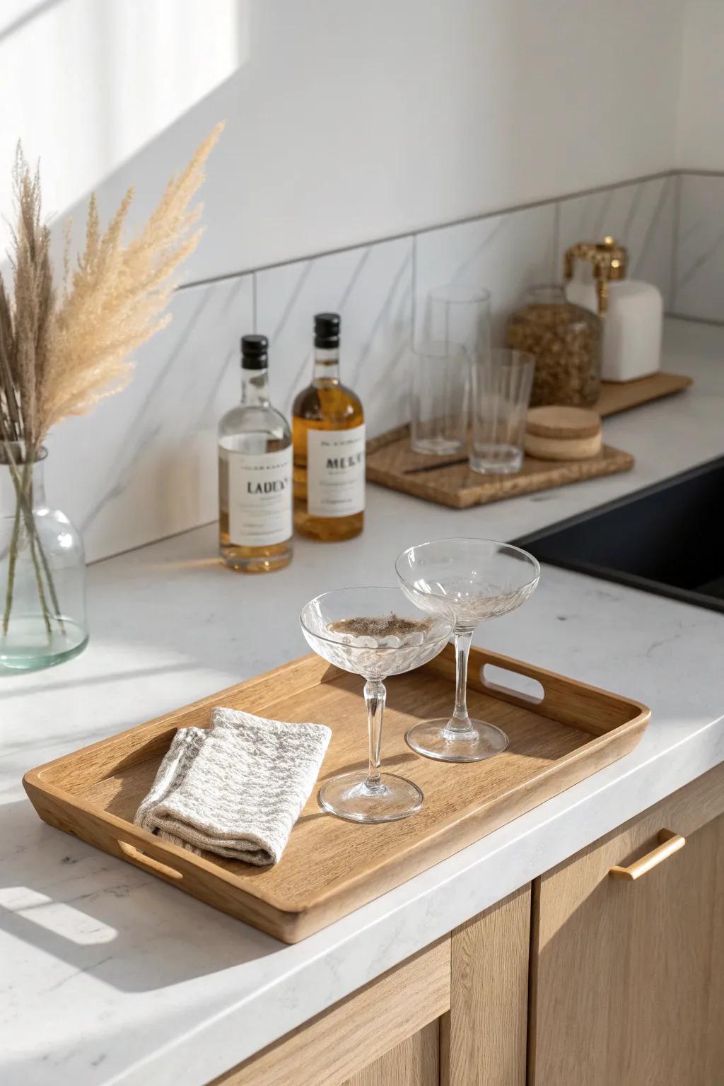 A simple oak tray turns your countertop into a chic, intentional bar station in seconds.