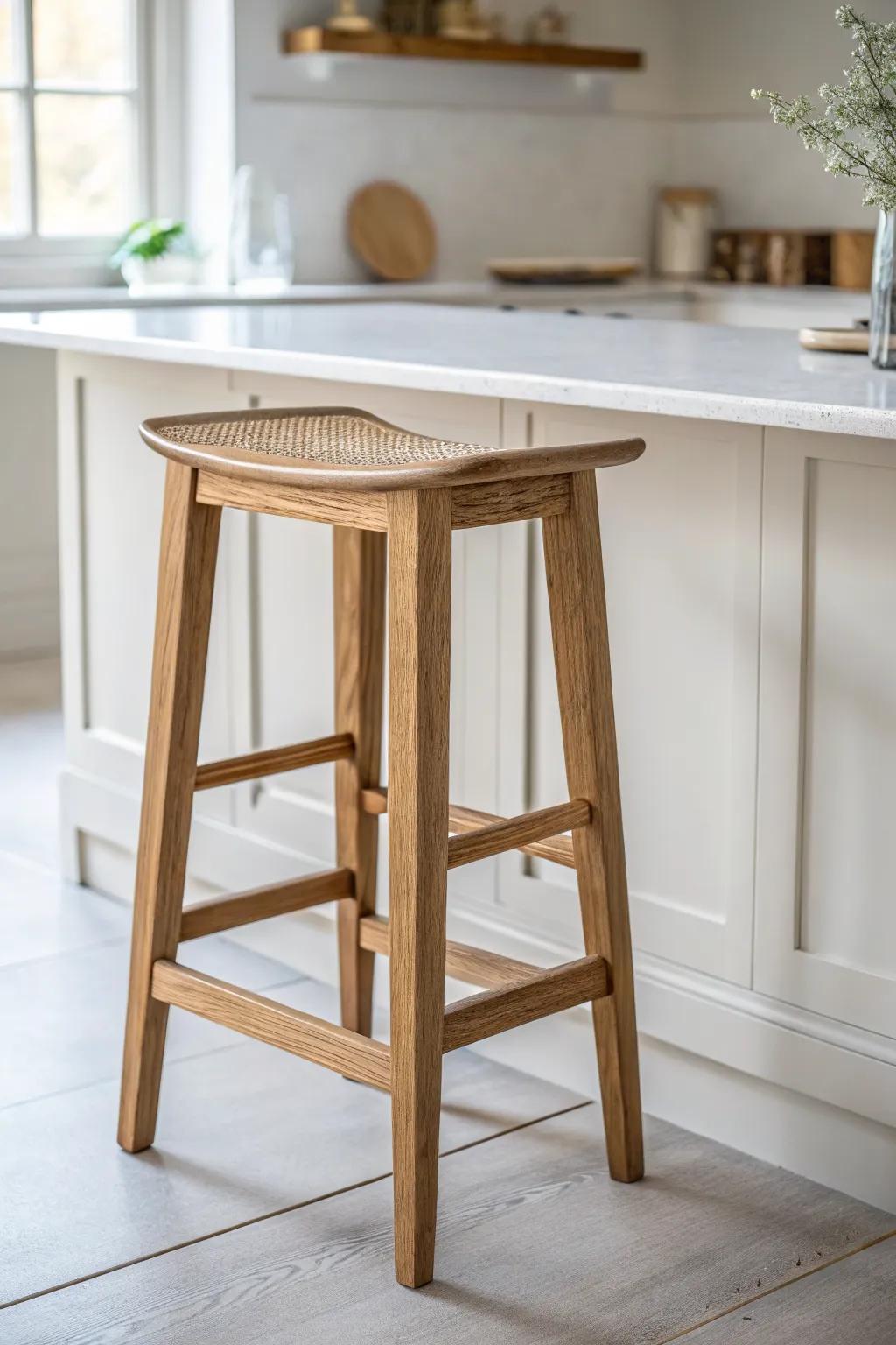 Classic natural oak bar stool—warm grain and calm contrast for a bright white kitchen.