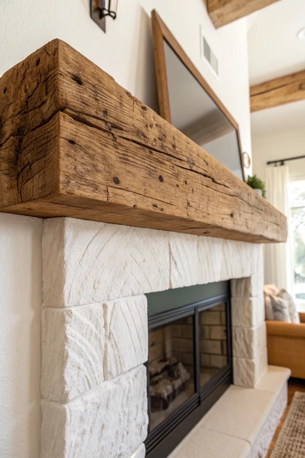 A bold floating barn beam mantel that instantly warms up a modern fireplace surround.