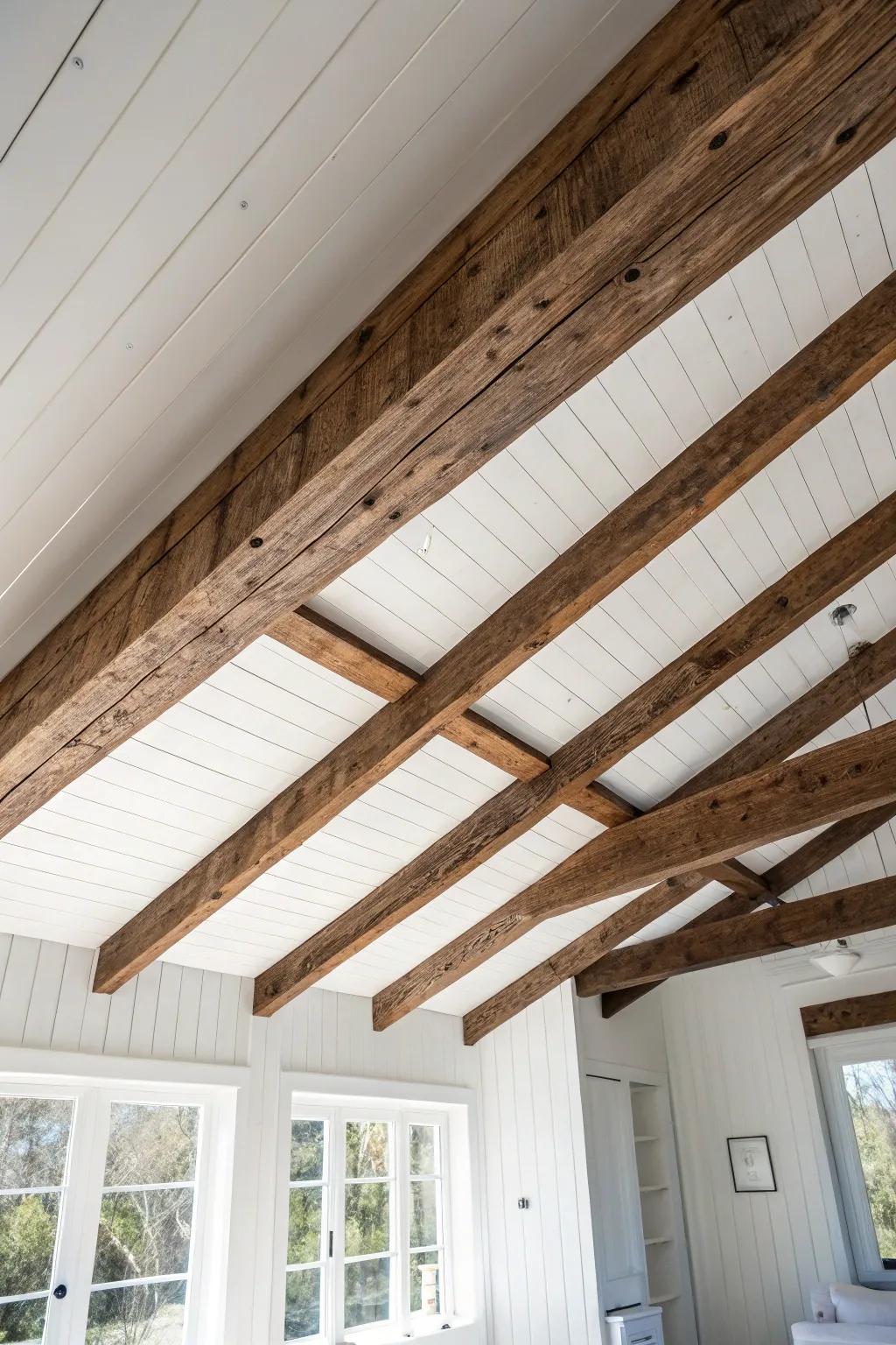 Dark-stained exposed timber beam against a white ceiling—instant barn charm with cozy contrast.