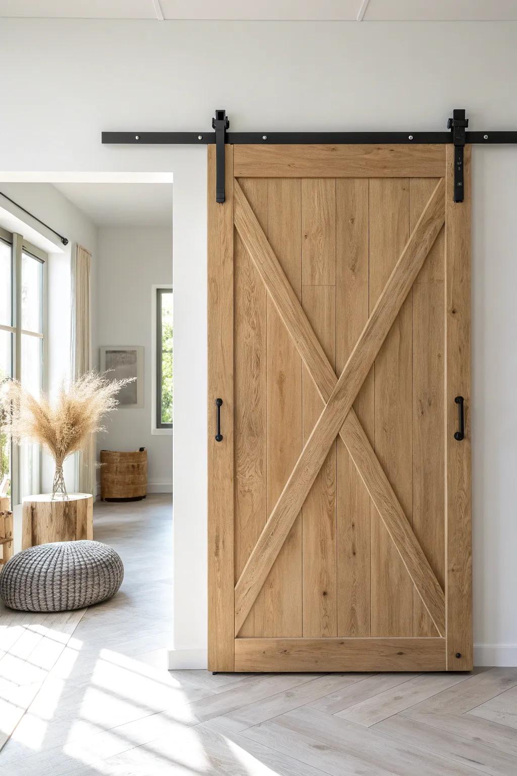 Classic X-brace sliding barn door—clean Scandinavian lines with warm, rustic wood grain.