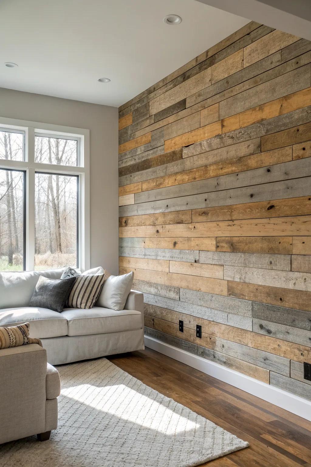 Mixed-width barn wood accent wall brings cozy texture and Scandinavian calm to the living room.