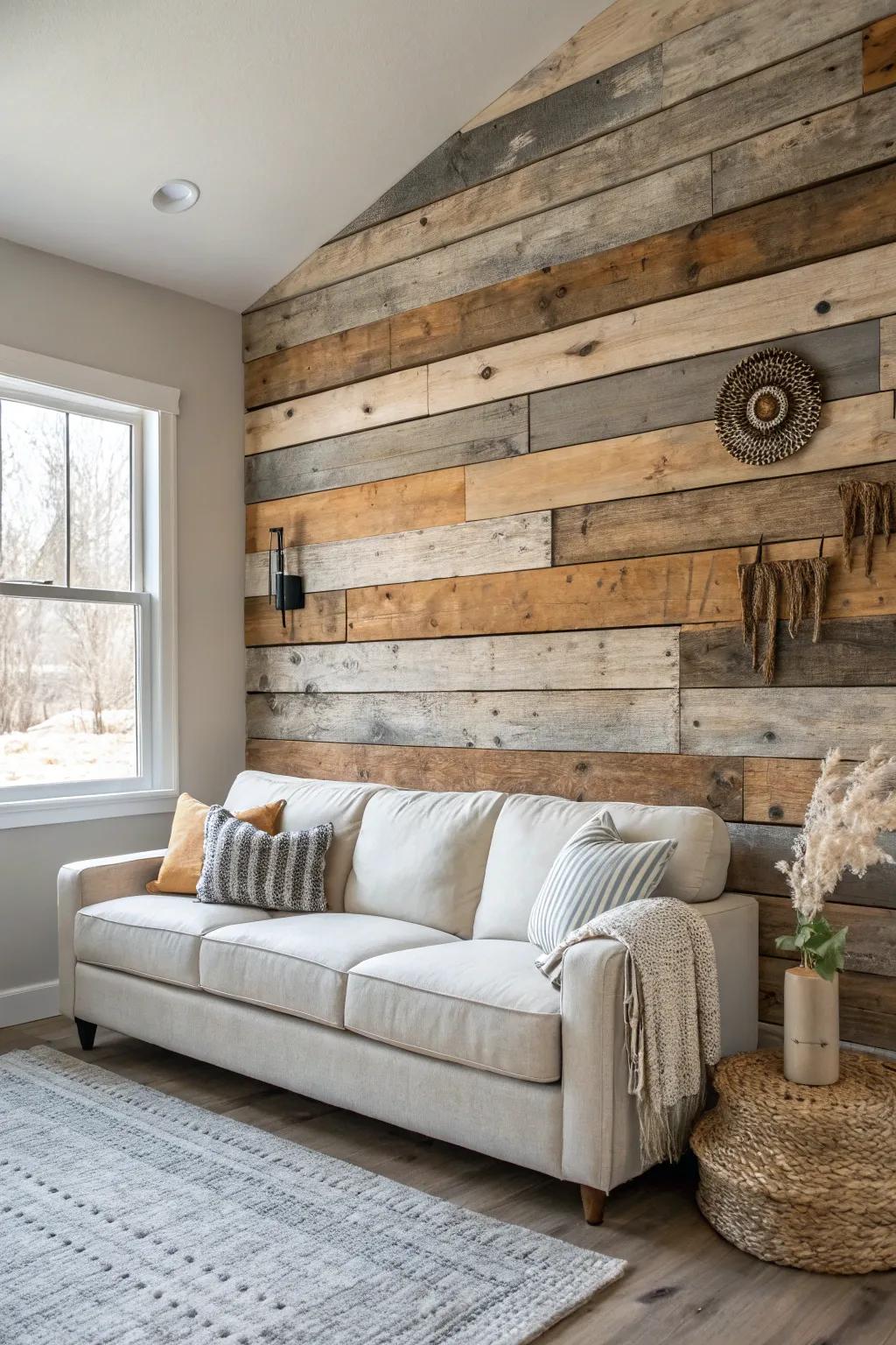 A reclaimed barn wood accent wall behind the sofa—warm, textured, and effortlessly cozy.