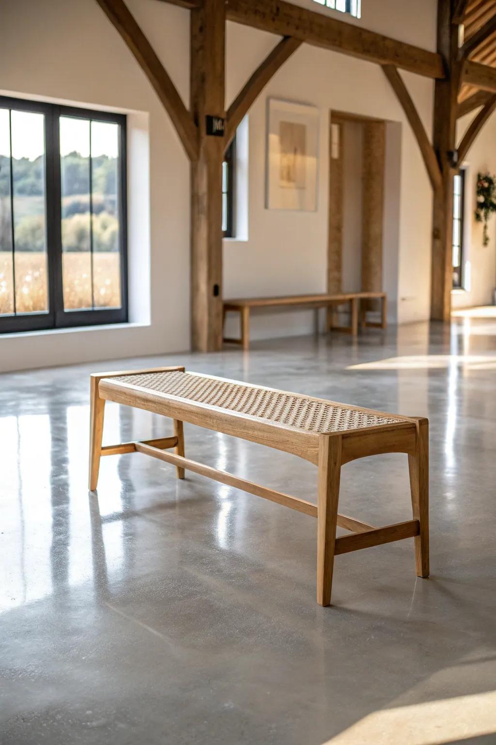 Soft‑sheen polished concrete brightens the great room—simple, sleek, sawdust‑friendly.