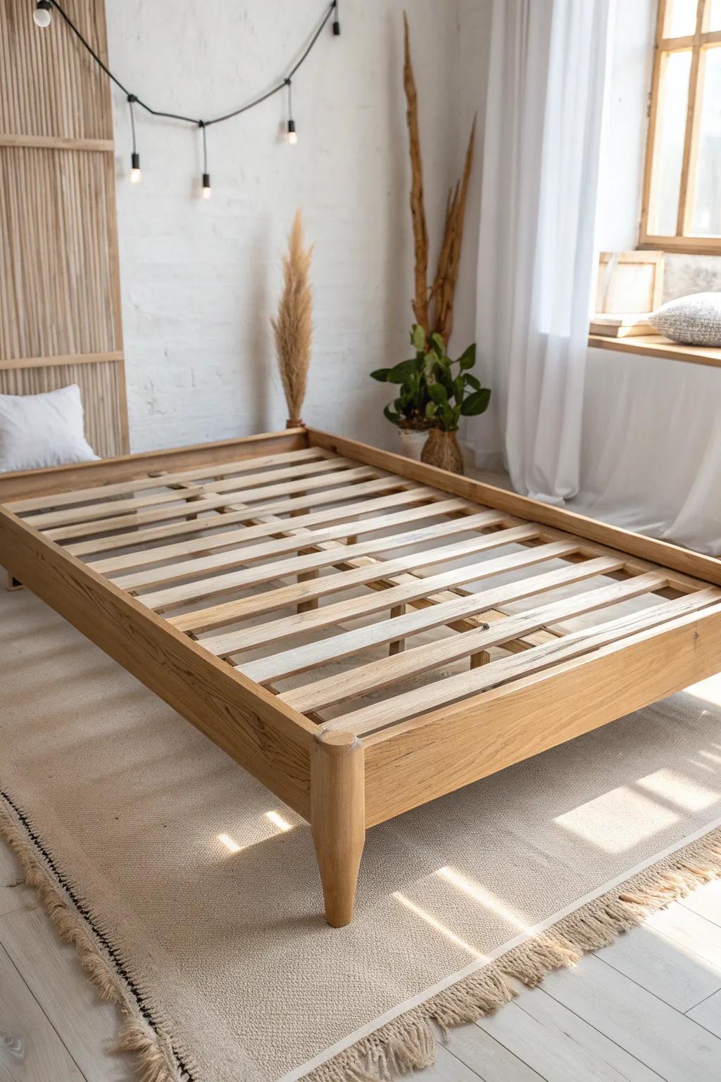 Base de cama de listones simple: roble claro, líneas limpias y soporte sin complicaciones.
