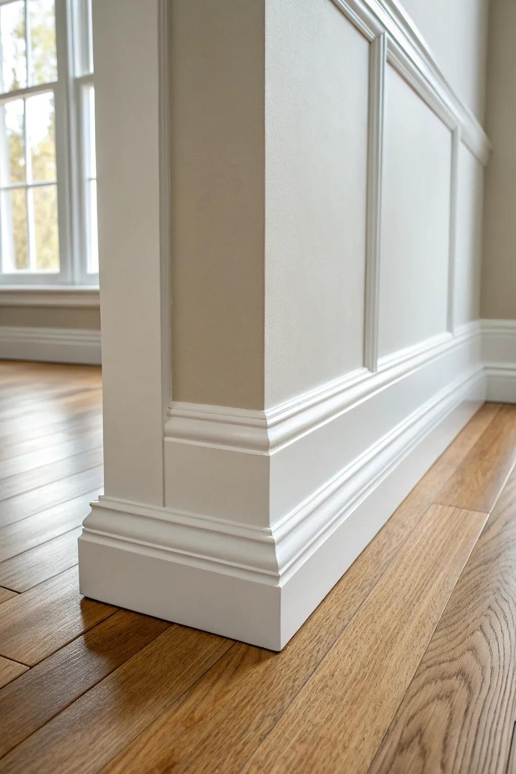 Crisp white baseboards with a satin sheen—classic trim that brightens and wipes clean easily.