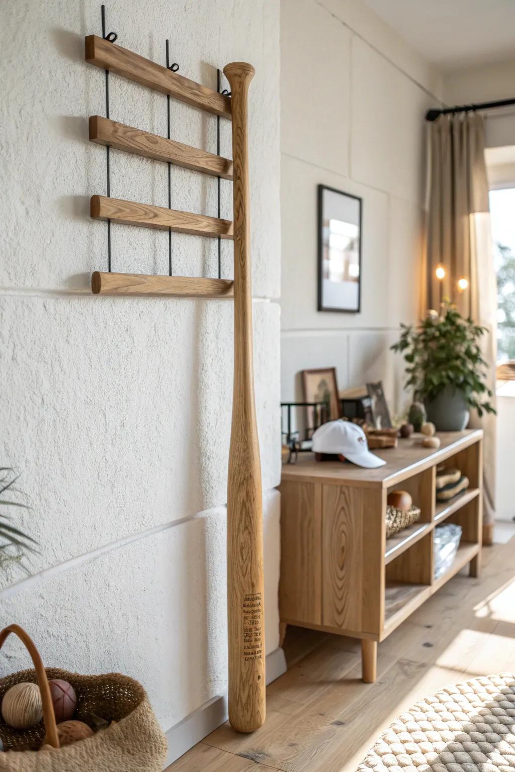 A classic horizontal wall rack in reclaimed wood—clean, level bat storage with warm grain contrast.