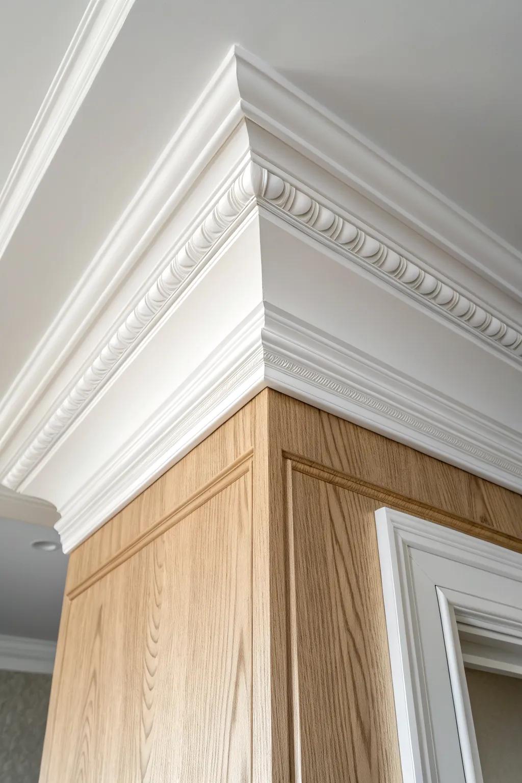 Upside-down baseboard at the ceiling creates a chunky crown look—simple, bright, and tall.
