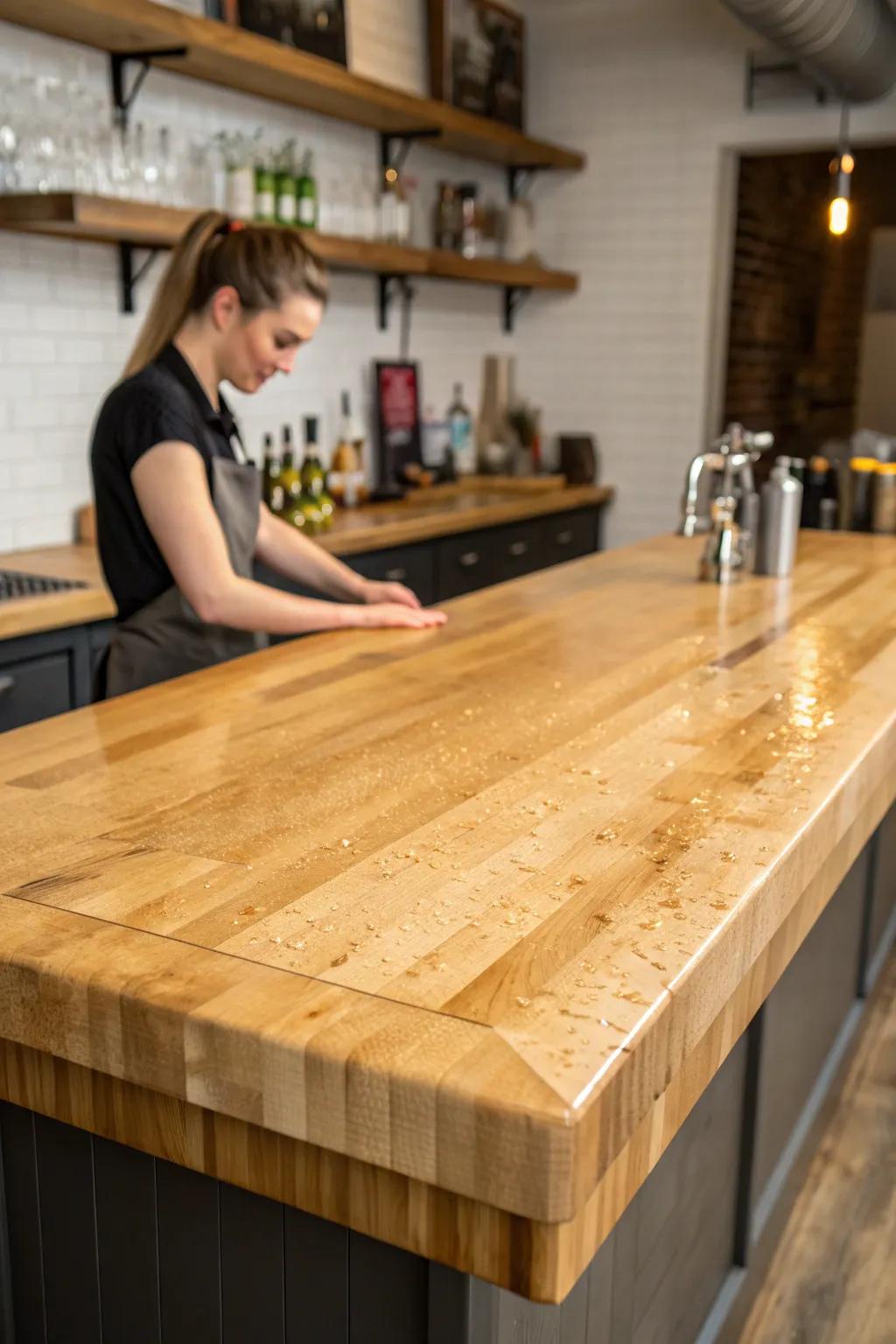 Classic butcher block bar top—warm, touchable grain with a spill-proof satin seal.