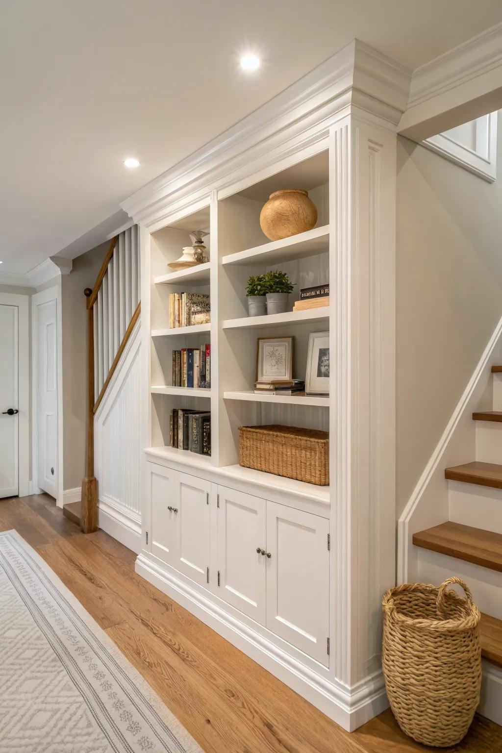 Classic floor-to-ceiling built-ins with crown molding make a basement feel custom and complete.