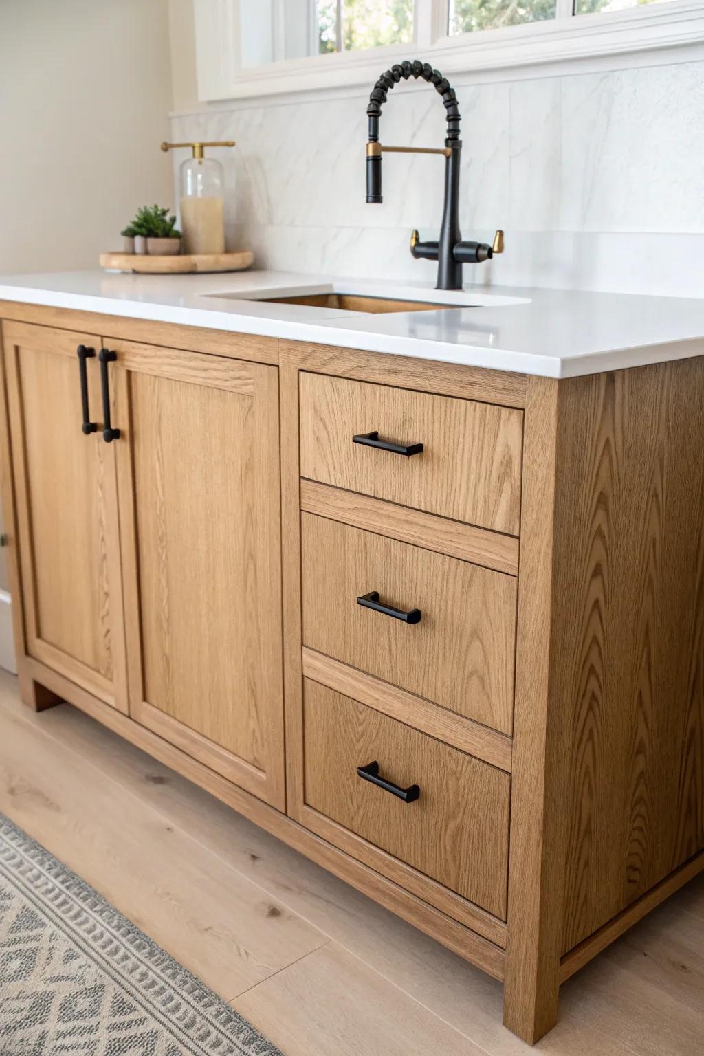 Classic oak wet bar base cabinet with drawers by the mixing zone—simple, durable, and inviting.