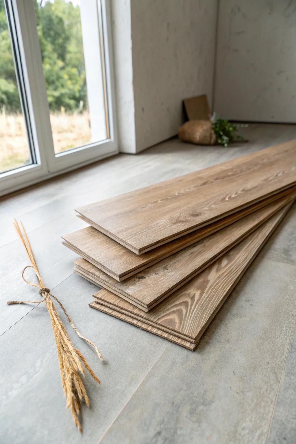 Cozy wood vibe, zero worry—waterproof wood-look vinyl planks made for basement life.