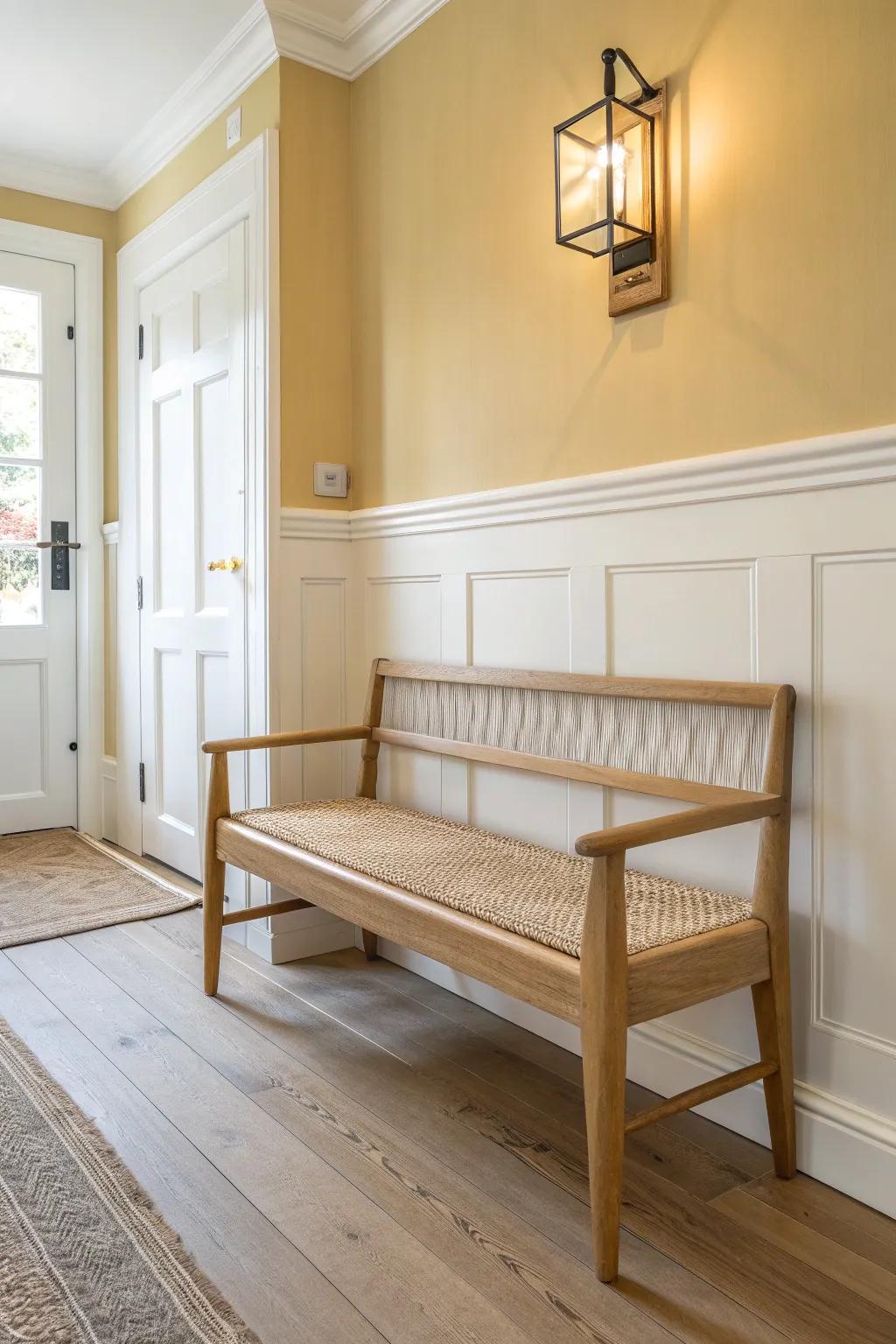 Warm light paint and crisp white trim make this handcrafted cane-seat oak bench glow.