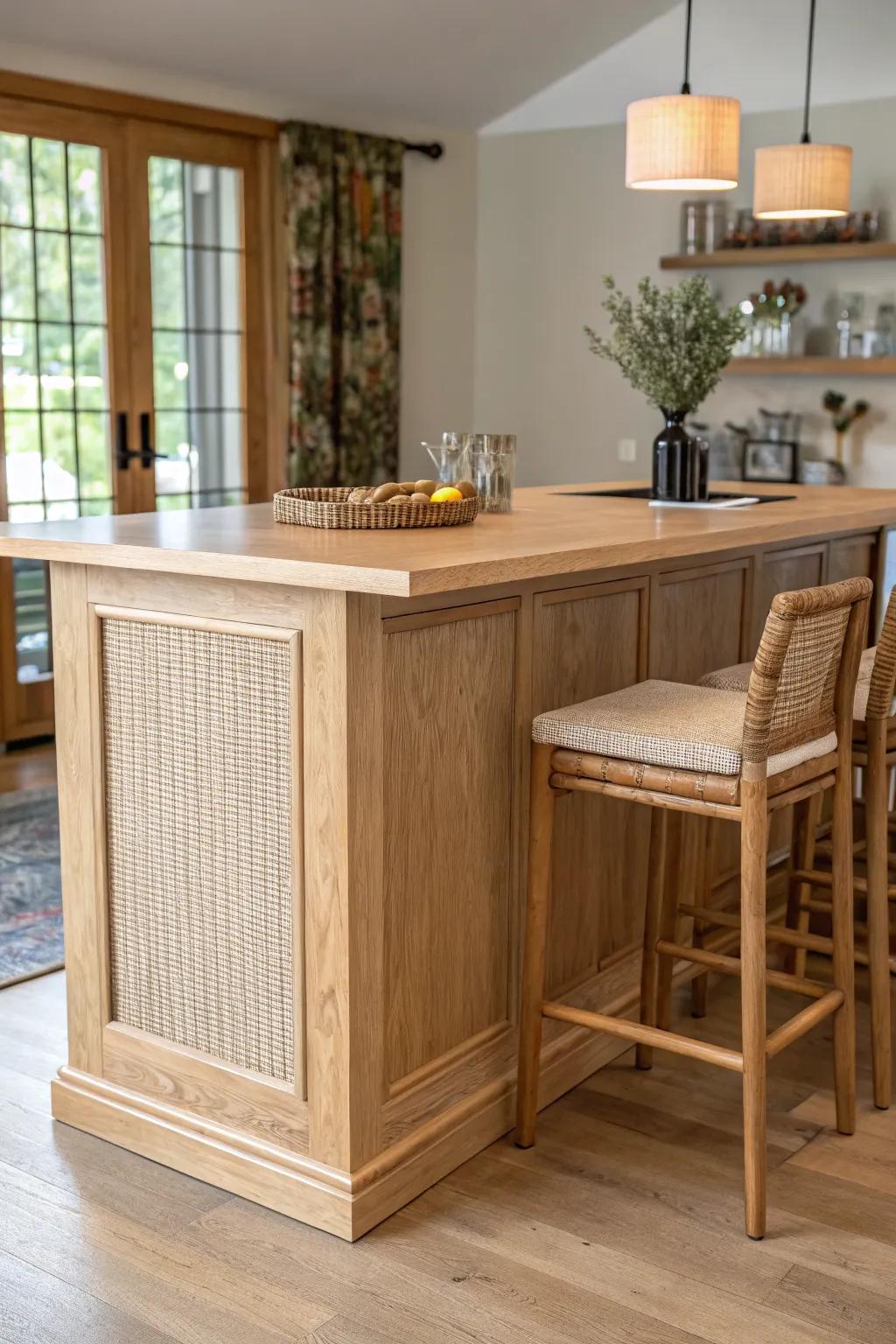 A classic four-sided island bar with generous overhang—made for easy conversation on three sides.